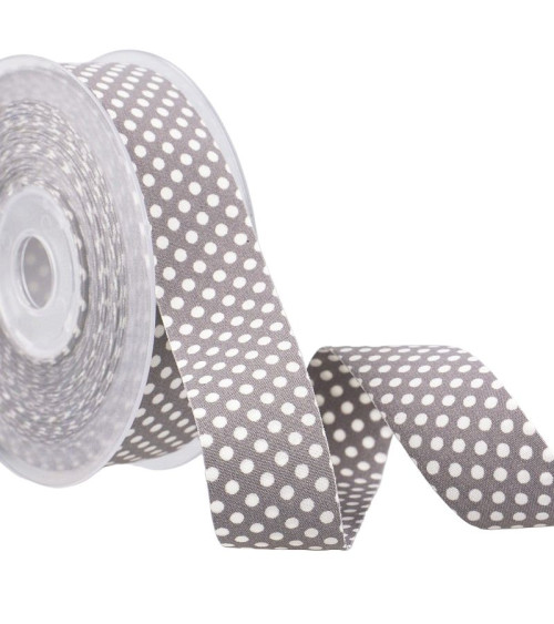 15m spool of grey and white polyester polka dot ribbon