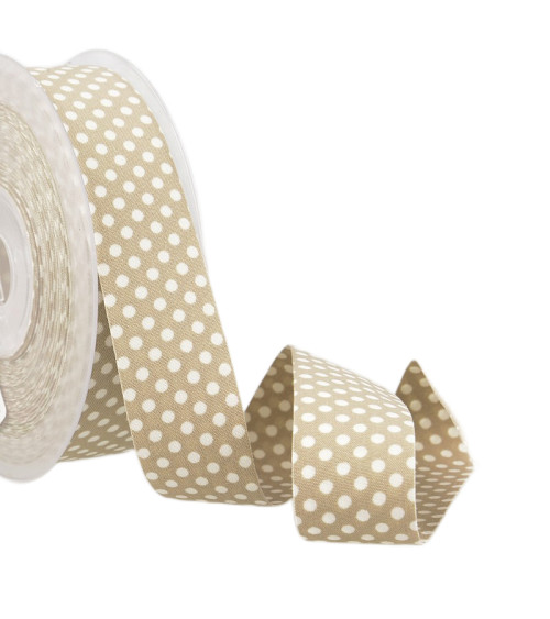 15m spool of beige and white polyester polka dot ribbon