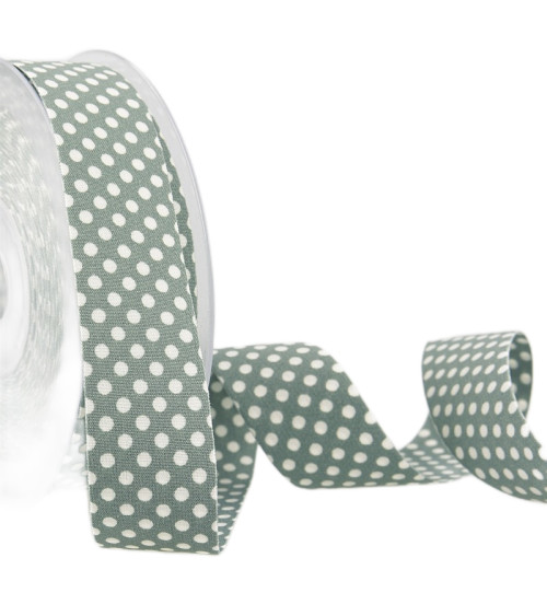 15m spool of polyester polka dot ribbon, green, gray and white