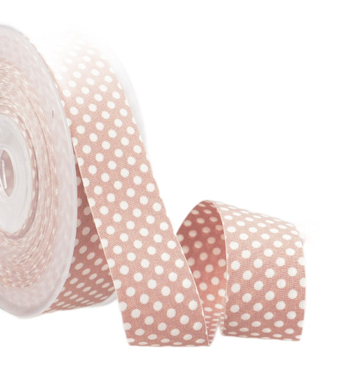 15m spool of polyester polka dot ribbon in old pink and white