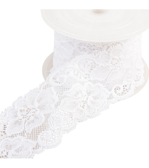 Spool 15m elastic lace flowers White 60mm