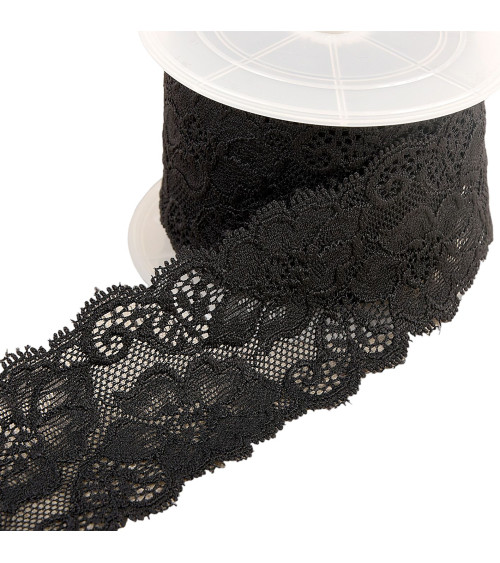 Spool 15m elastic lace flowers Black 60mm