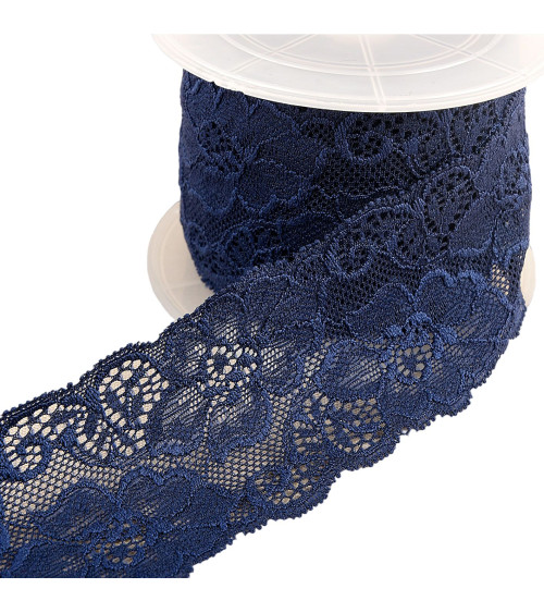 15m spool of elastic lace flowers Navy Blue 60mm