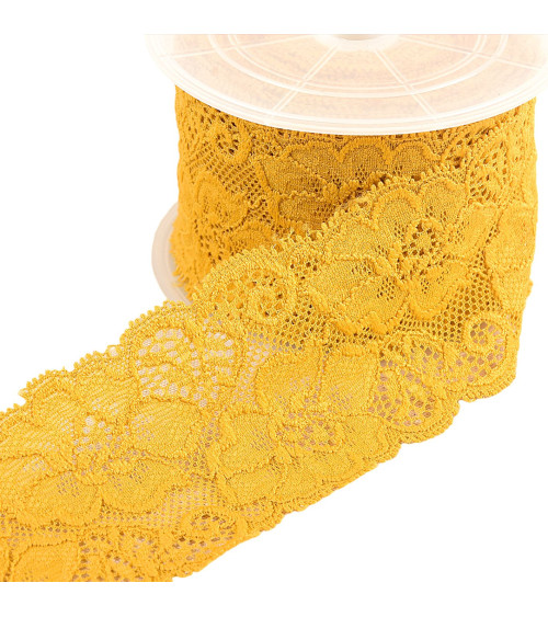 Spool 15m elastic lace flowers Mustard 60mm