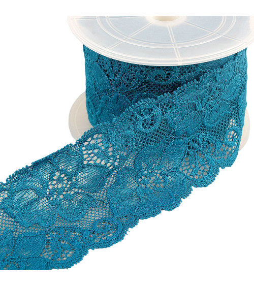 Elastic lace flowers 60mm duck blue by the meter