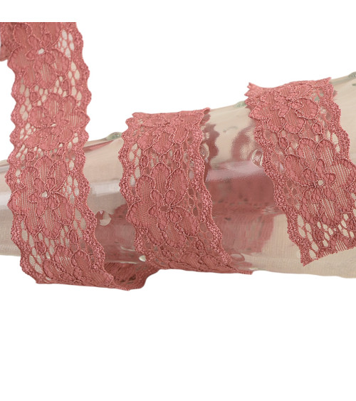 Spool 15m elastic lace flowers Old Pink 25mm