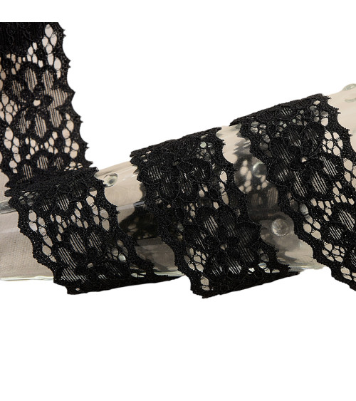 Elastic lace flowers 25mm black per meter