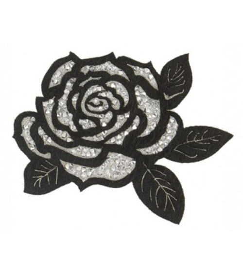 XL Black and Silver Rose Rhinestone Iron-on Badge