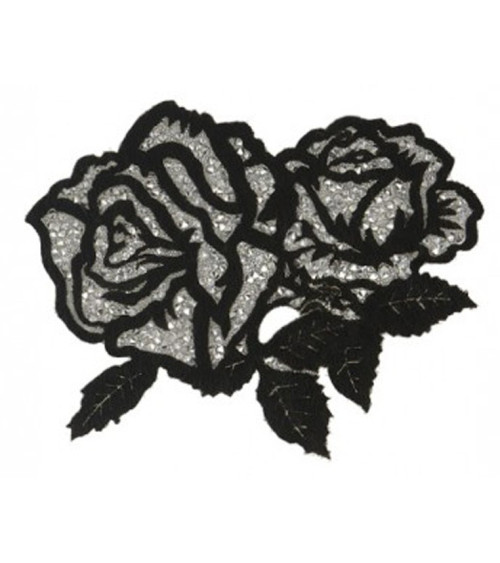 Aufbügelpflaster mit Strasssteinen Rose Double Schwarz und Silber XL