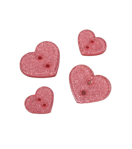 Set de 6 botones de corazón con purpurina rosa