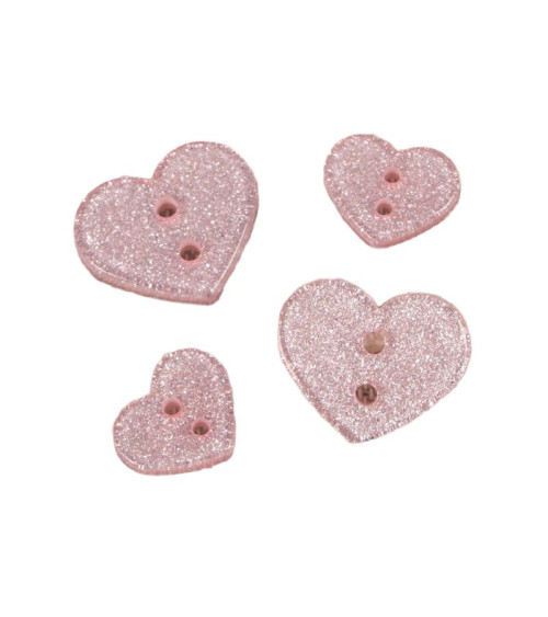 Set de 6 botones de corazón con purpurina rosa bebé