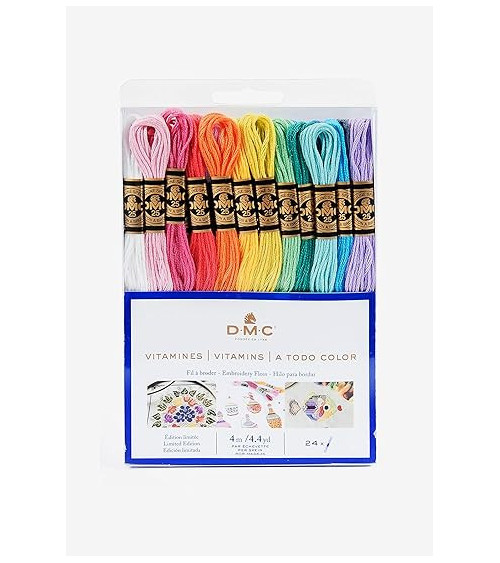 Assortment of 24 skeins of DMC essentials 100% cotton mouliné threads in vitamin colors