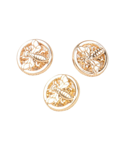 Set of 6 round bee buttons with alloy tail 10mm gold