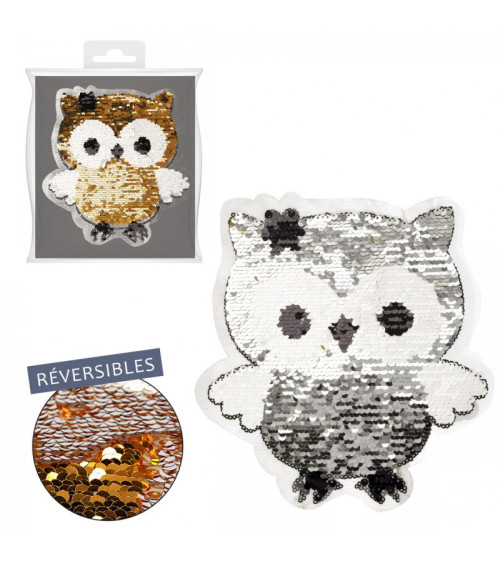 Reversible iron-on patch with silver/gold owl sequins