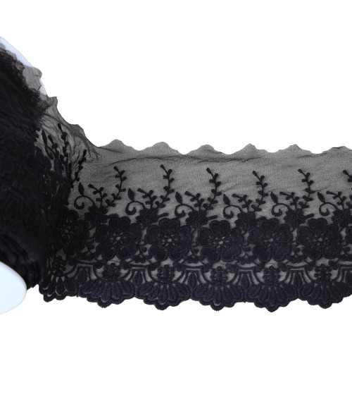 Spool of 18m embroidered tulle with scalloped flowers, matt black, 115mm