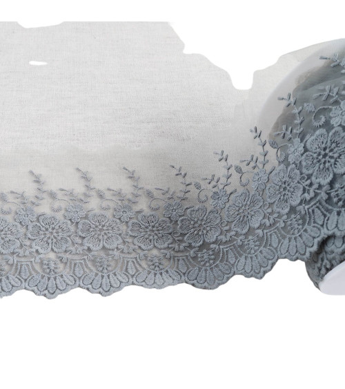 Spool of 18m embroidered tulle with scalloped flowers, matt medium grey 115mm