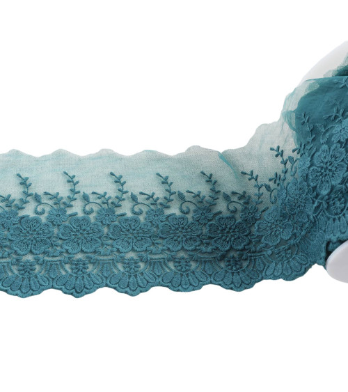 Embroidered tulle with matte scalloped flowers 115mm duck blue per meter