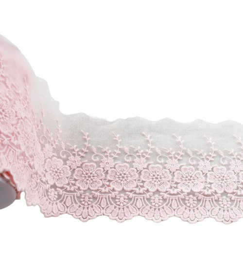 Tulle embroidered with scalloped flowers matt 115mm pink per meter