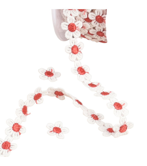 Guipure daisy 13mm white/red by the meter