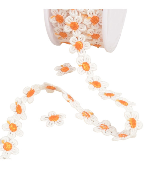 Guipure daisy 13mm white/orange by the meter