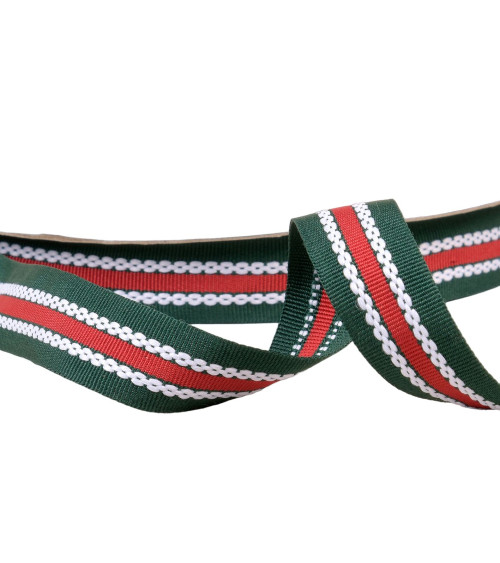 Trenza tricolor efecto grosgrain 20mm verde/rojo por metro