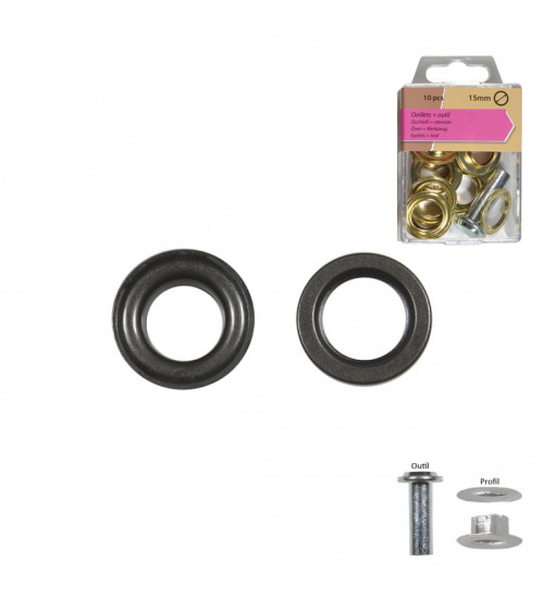 Set of 10 15mm gunmetal colored eyelets and tool