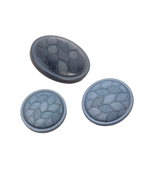 Set of 6 round buttons with blue-grey leaf tails