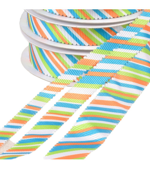 Multicolored green blue orange scalloped ribbon by the meter