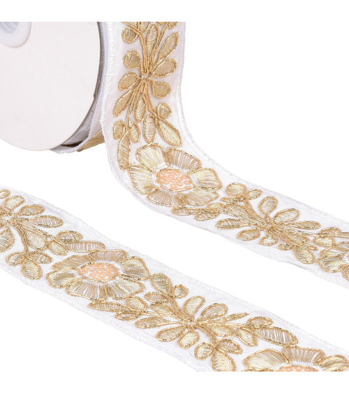 Embroidered flower braid 45mm white/gold by the meter