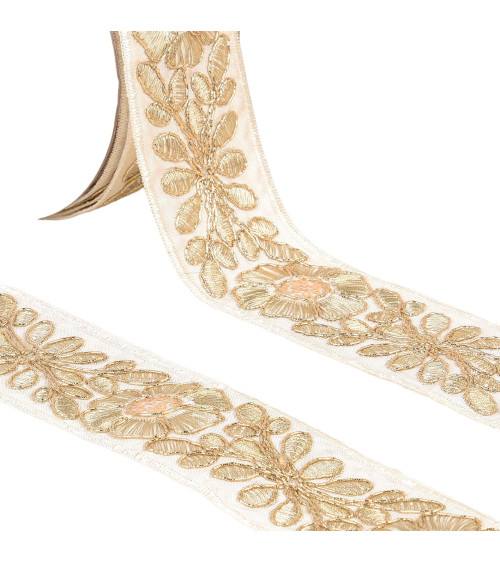 Embroidered flower braid 45mm ecru/gold per meter