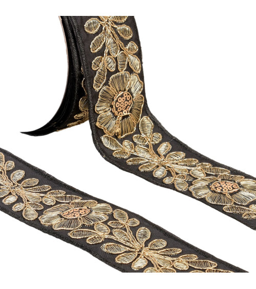 45mm black/gold embroidered flower braid per meter