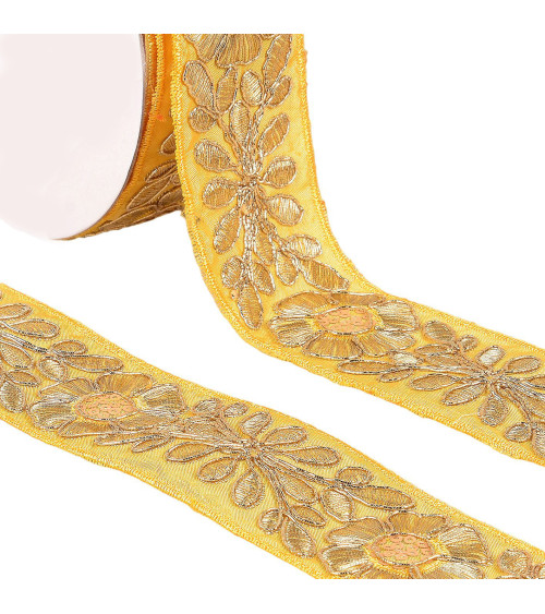 Embroidered flower braid 45mm mustard yellow/gold by the meter