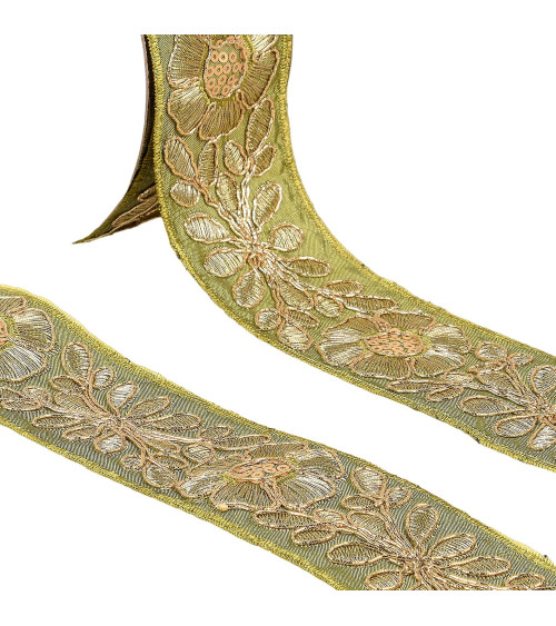 Embroidered flower braid 45mm khaki green/gold by the meter