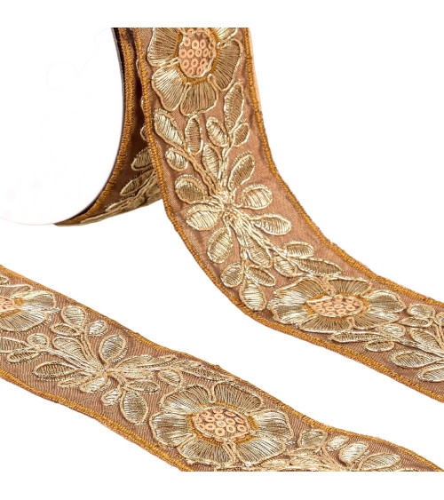 45mm brown/gold embroidered flower braid per meter