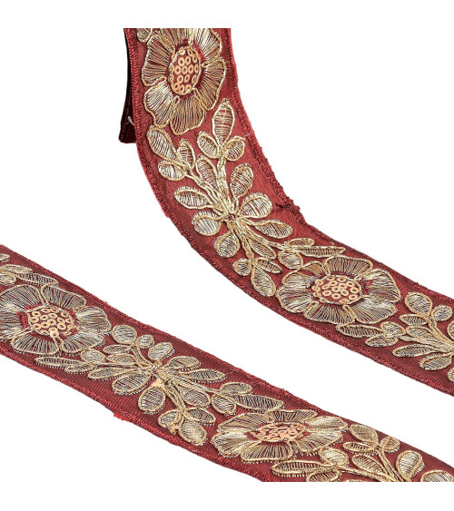 45mm burgundy red/gold embroidered flower braid by the meter