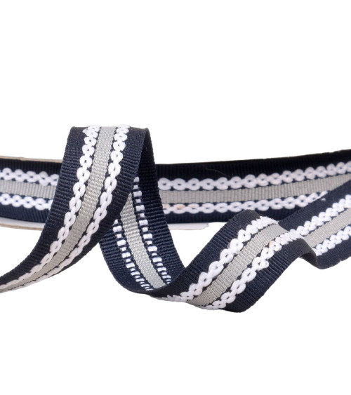 Tricolor braid with grosgrain appearance 20mm navy gray by the meter