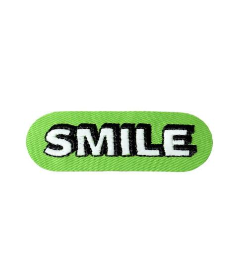 Green smile iron-on badge 1.9cm x 5.5cm