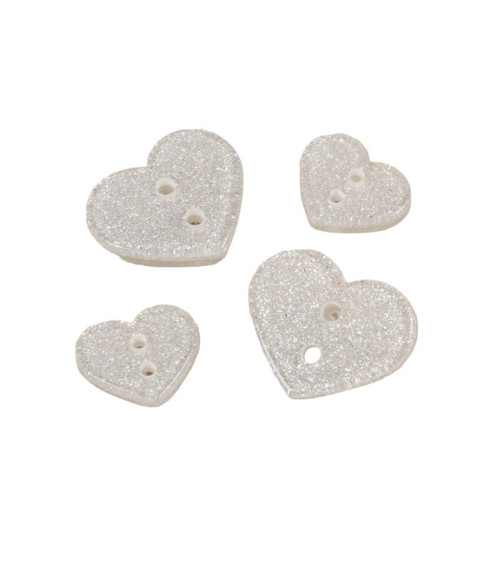 Set di 6 bottoni a cuore glitterati argento