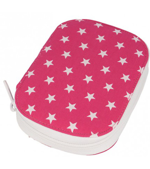 Sewing bag 16x12cm white stars on pink background