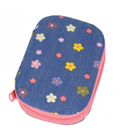 Sewing bag 16x12cm multi-colored flowers denim background