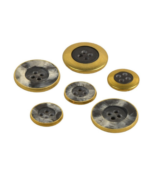 Set of 3 black/gold marbled metal buttons 4 holes made in France