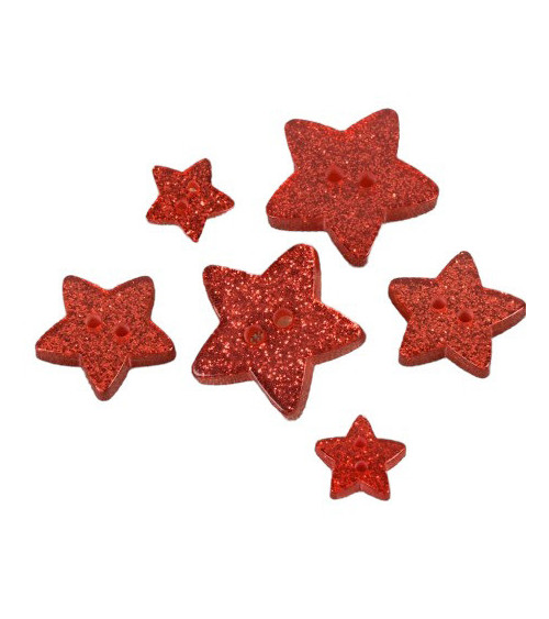 Set de 3 botones de estrella con purpurina roja