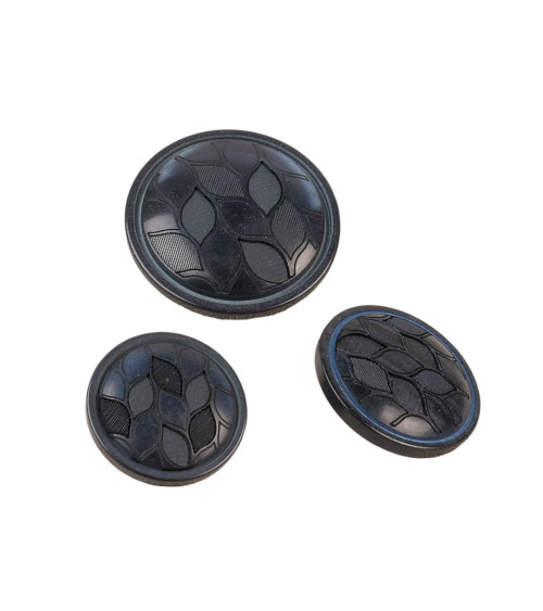 Set of 3 round buttons with navy blue leaf shank