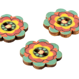 Lot de 3 boutons en bois fleur décorée multicolore 20mm