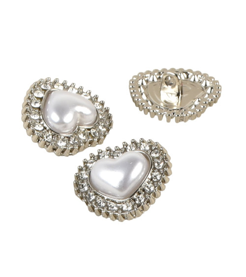 Set di 3 bottoni cuore strass argento 18mm