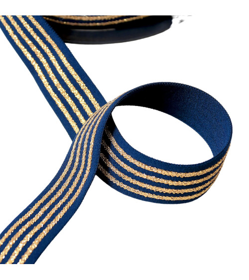 20m spool of elastic 4 metallic bands 32mm navy blue/gold