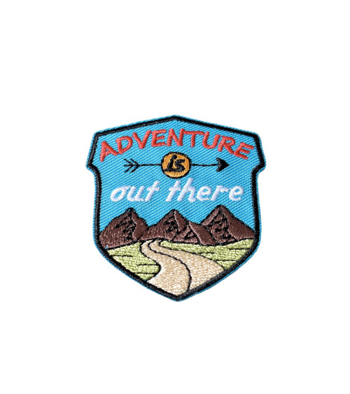 Iron-on mountain adventure out there badge 4.7cm x 4.5cm