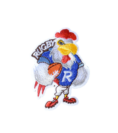 Blue rugby rooster iron-on badge 6.5cm x 4cm