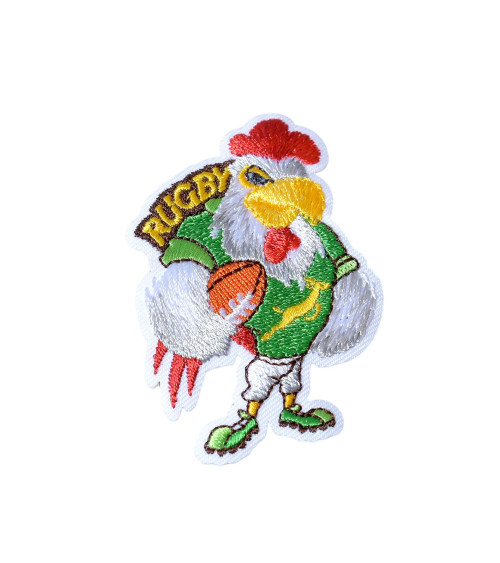 Green rugby rooster iron-on badge 6.5cm x 4cm