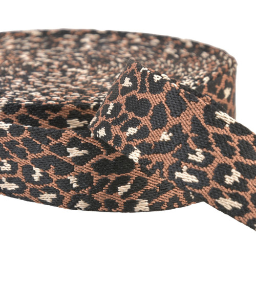 Bobina da 14,5 m di fettuccia con stampa animalier leopardata da 38 mm marrone cioccolato